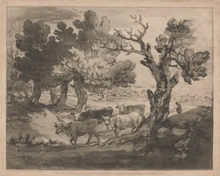 Bosrijk landschap met herder en koeien